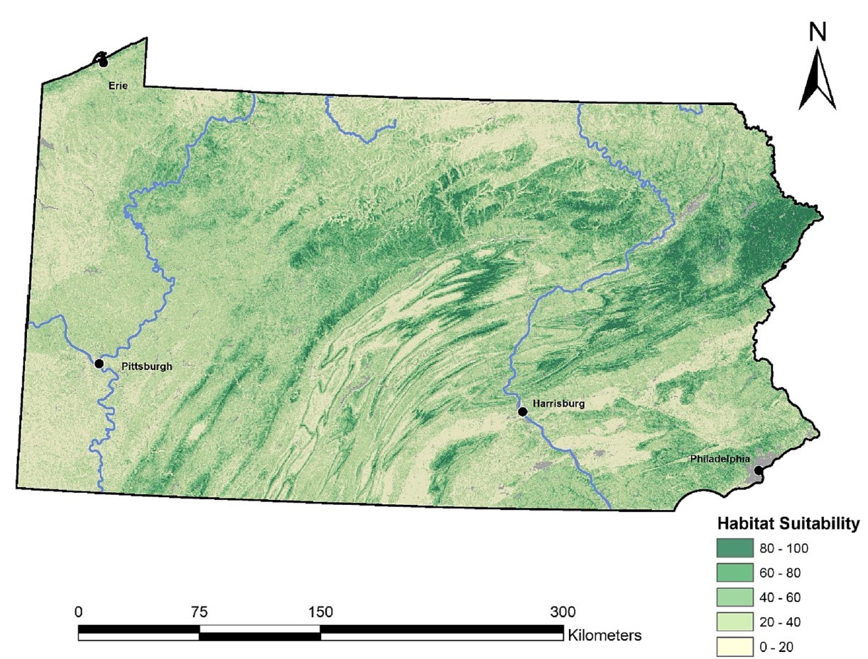 A broad view of Henderson’s Pennsylvania American chestnut suitability map, originally published in the journal Forest and Ecology Management.