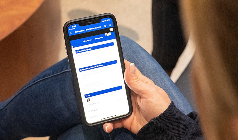student completing survey on phone