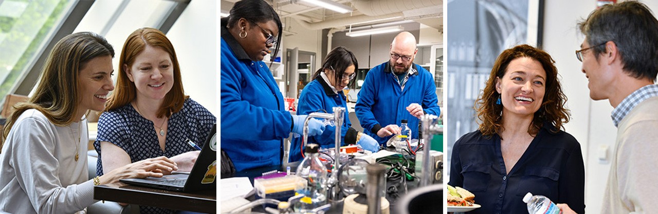 from left: faculty workshopping together on laptop; two students with faculty in lab coats in biology lab; two faculty talking at luncheon 