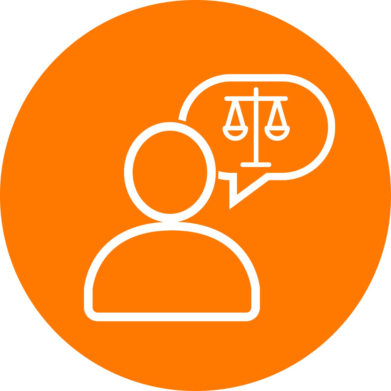 Icon of a person with a talking bubble that holds a representation of the scales of justice.