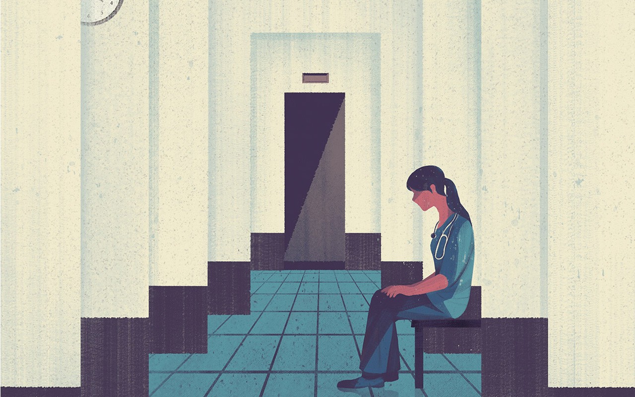 Illustration of a female nurse sitting alone outside of the ICU