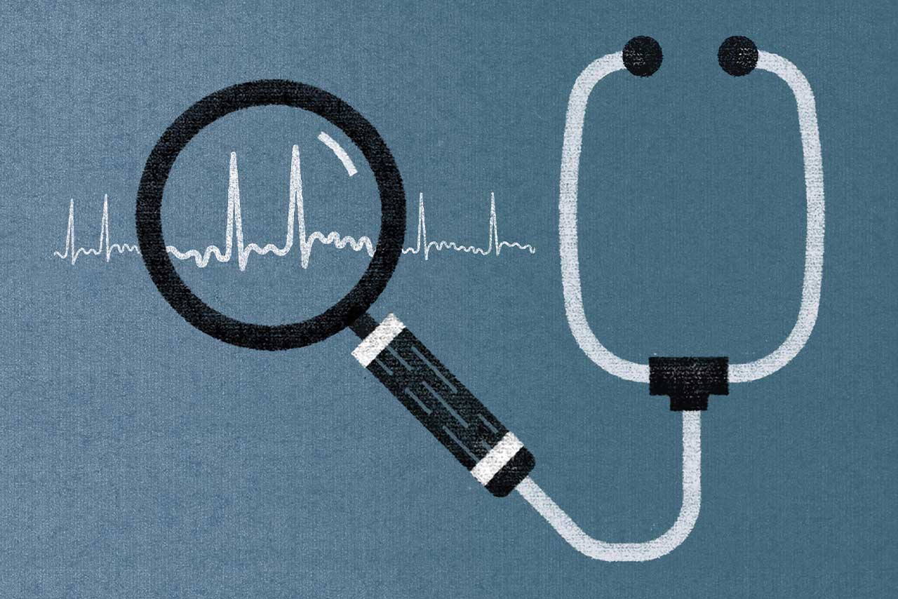 Illustration of a stethoscope with a magnifying glass at the end, examining wavy lines.
